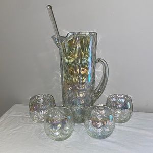 Fostoria draping Iridescent 1930s Cocktail Pitcher, 4 Glasses + ORIGINAL STIRRER